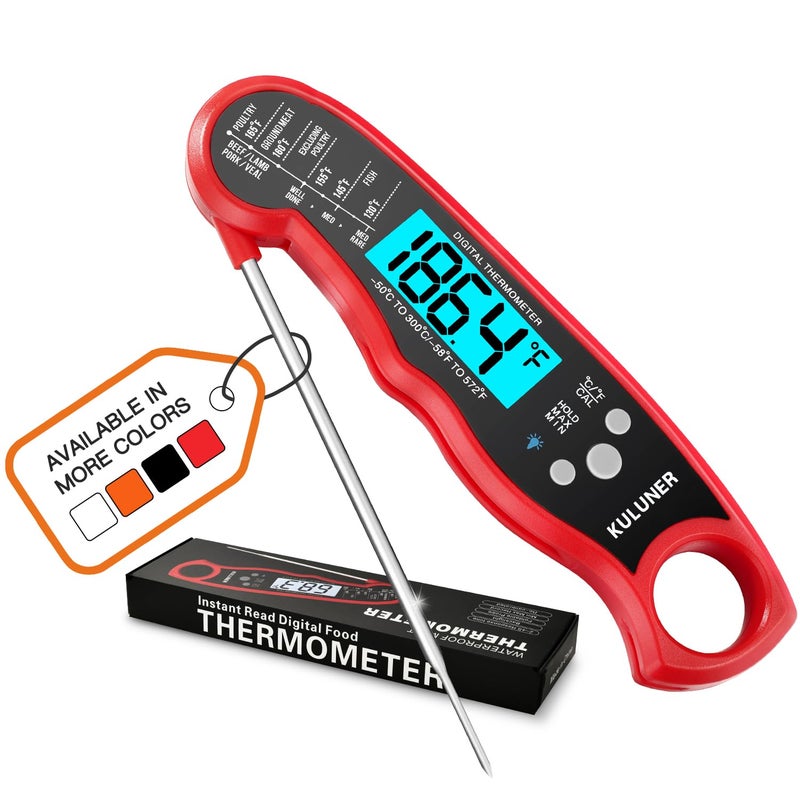 KULUNER TP-01 Waterproof Digital Instant Read Meat Thermometer with 4.6 Folding Probe Backlight Calibration Function for Cooking Food Candy, BBQ Grill, Liquids,Beefï¼ˆRedï¼‰ - Image 1